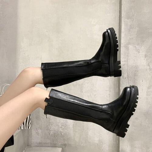 2020 Winter Knee High Boot Women Mid Calf Boots Natural Genuine Leather Platform Motorcycle Boots Zipper Ladies Long Botas Mujer