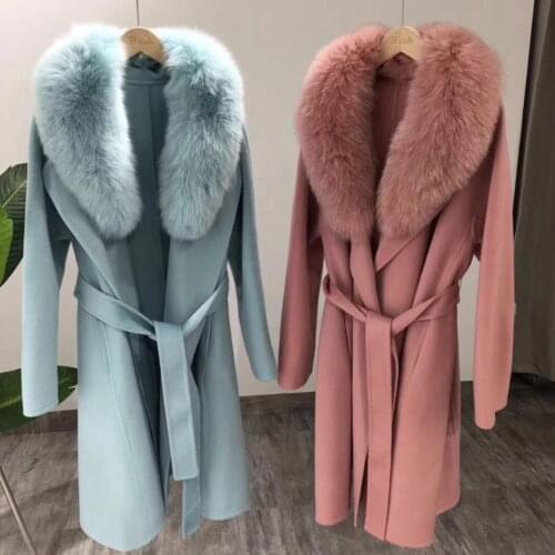 Women 2020 new Natural Fox Fur Collar Cashmere Wool Blends Coat Women Long Outerwear Belt Vintage High Quality