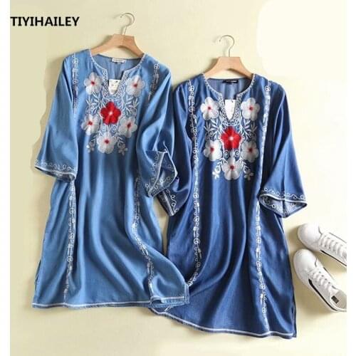 TIYIHAILEY Free Shipping 2020 Fashion Summer Embroidery Half Sleeve Denim Dress Women Long Knee Length Vintage M-L Blue Dresses