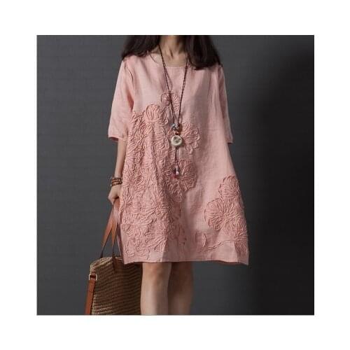 2014 summer casual womens loose big yards short sleeve Cotton and Linen Womens dress 15216