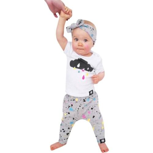 3Pcs Summer Hot sell Baby Girls Clothes Cute Color Print Newborn Short Sleeve T-Shirt Tops+Pants+Hat Infant Toddler Clothing Set