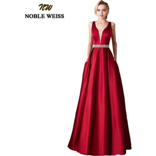 NOBLE WEISS Elegant Satin Red Prom Dresses Long Floor Length Special Occasion Gowns With Sexy V-neck Girls vestido de festa