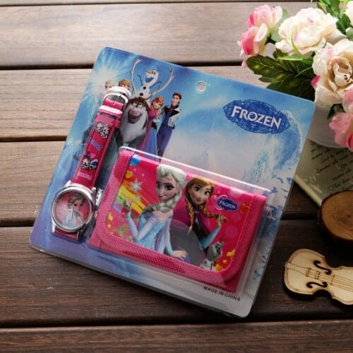 Disney new cartoon princess watch with wallet birthday gift for children cartoon watch set quartz clock doll accessories