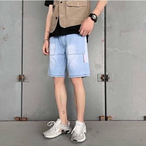 Denim Shorts Mens Summer 2020 Hong Kong Style Casual Mens Korean Trend Loose Straight Stitching Light Washed Pants