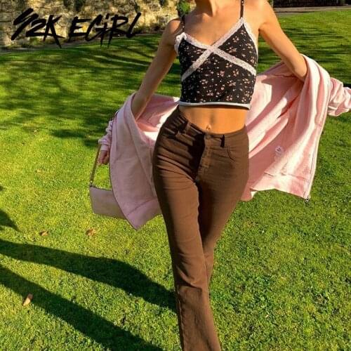 Y2K EGIRL Indie Aesthetics Slim Demin Flare Pants Vintage Streetwear Solid High Waist Brown Jeans Autumn 90s Fashion Trousers