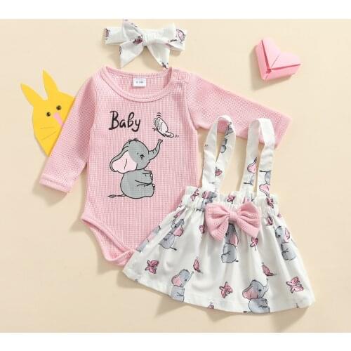 FOCUSNORM 3pcs Infant Baby Girls Autumn Clothes Sets 0-18M Cartoon Elephant Printed Long Sleeve Romper Tops Suspender Skirt