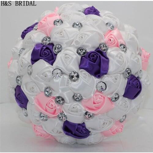 H&S BRIDAL White and purple pink colors Wedding Flowers Bridal Bouquets Artificial Wedding Bouquets Rose buque de noiva 2020