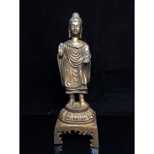 12"Chinese temple collection Old Bronze Cinnabar Lacquer Northern Wei Buddha Shakyamuni Buddha Standing Buddha Bench buddha
