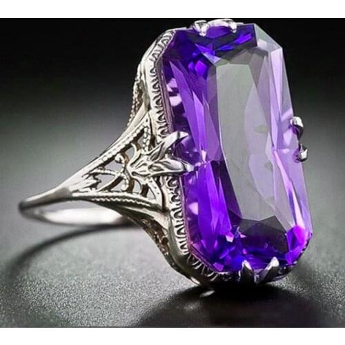Big Amethyst Gem Ring Hollow Out Silver Plated Ring Exaggerated Ladys Hand Decoration Fashion Dinner Dance Party Jewelry