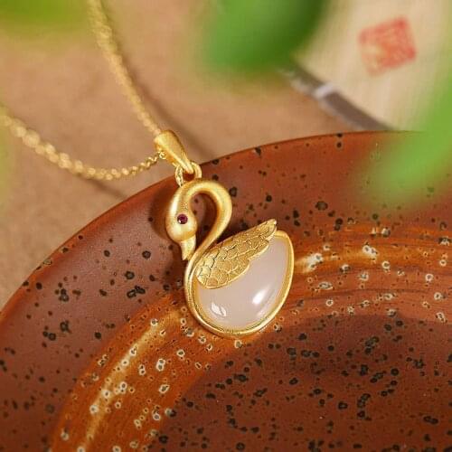 Swan Womens Necklace Pendant Gift Creative Gift Silver Plated Natural Hotian Jade Pendant Retro Temperament Personality