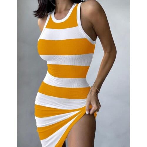 Fashion Women Summer Sexy Striped Dress Sleeveless Tie Dyeing Print Ruched O-neck Casual Bodycon Mini Tank Dress 2021