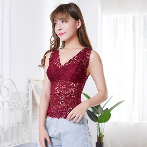 Fashion Sexy Ladies Lace Flower With Chest Pad Long V-Neck Sleeveless Solid Color Vest