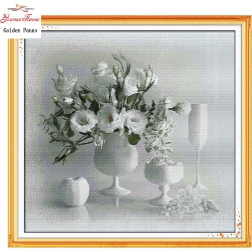 Golden Panno,White Vase Patterns Counted Cross Stitch 11CT 14CT Cross Stitch Sets flowers Chinese Cross-stitch Embroidery 0123