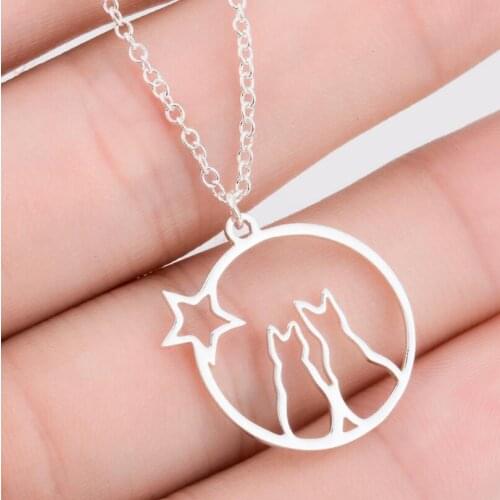 New Fashion Couple Cat Star Round Necklace Jewelry Simple Stainless Steel Clavicle Chain Pendant Necklaces For Women Men Gift