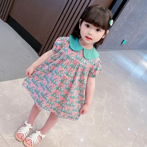 2021 Summer New Products Girls Doll Collar Dress Baby Printed Puff Sleeve Short Sleeve kids dresses for girls