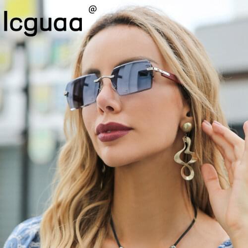 New Stylish Square Sunglasses Women Rimless Wood Printting Sun Glasses UV400 De Soleil Female