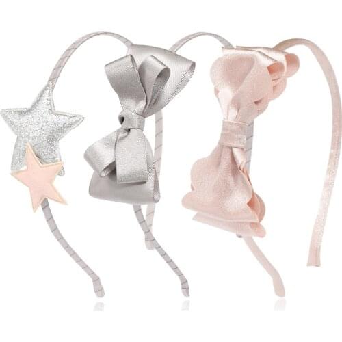 1 PC Metal Headband With Satin Ribbon Double Layer Bow Hairband Silver Pink Star Headdress For Princcess Girls Hair Accessories