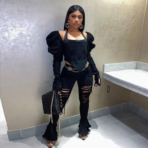 QuanRun 2021 Women Clothing Square Neck Back Zipper Puffed Sleeves Black Crop Top Party Club Casual Streetwear Spring Summer