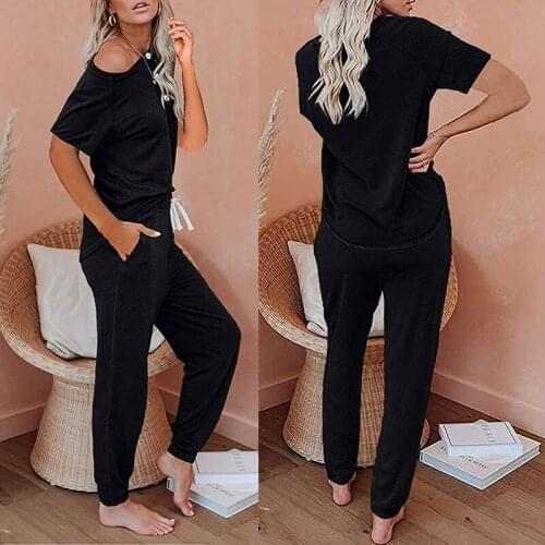 Women Summer Tracksuit Tops Jogger Pants Short Sleeve V-Collar Elastic Sports High Waist Loose Trousers Clothes Casual Homewear