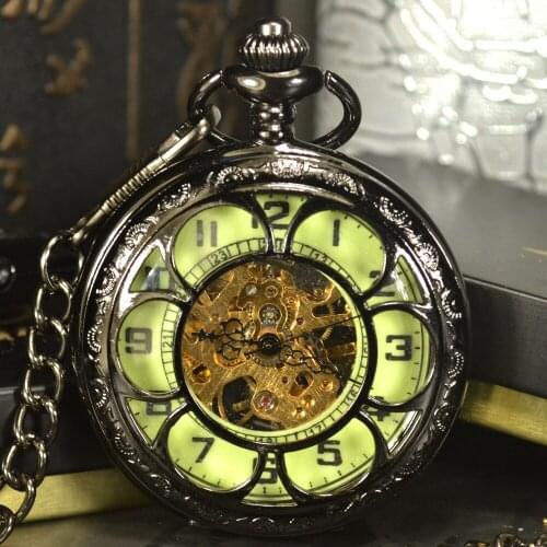 Luminous Men Pocket Watch Cool Luxury Lover Gift Chain Skeleton Mechanical Watch Black Steampunk Men Hand Winding Watch