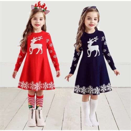 Sweater Christmas Full Sleeve Knit Dresses For Girls 3 6 8 Yrs Kid Girls Party Reindeer Snowflake Children New Year Red Costume
