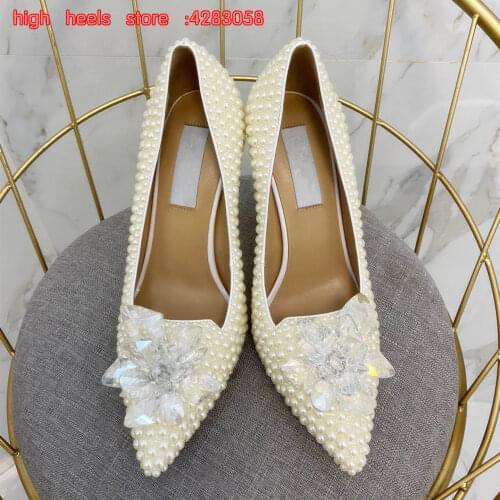 Casual Designer fashion women Pumps Cinderella white pearls crystal pointy toe stiletto stripper High heels bride wedding shoes