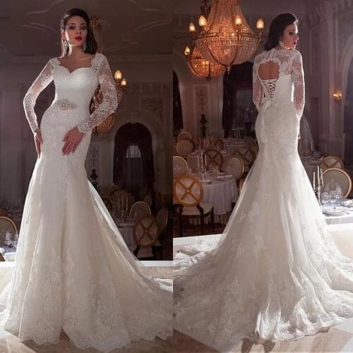 Vintage Lace Mermaid Wedding Dresses With Long Sleeves Winter 2021 Heart Keyhole Back Lace-Up Plus Size Bridal Gowns Vestidos