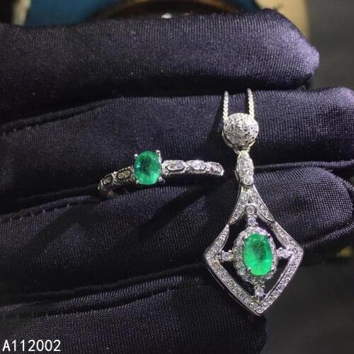 KJJEAXCMY fine jewelry natural Emerald 925 sterling silver women gemstone pendant necklace ring set support test exquisite