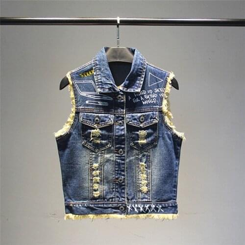Female Slim Turn-down Collar Sleeveless Outwear Jacket Vest Fashion Hole Letter Printed Jeans Vests