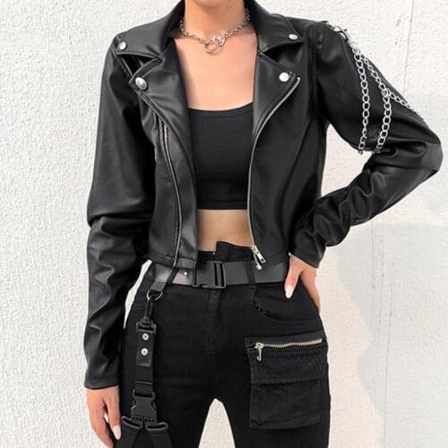 Faux Leather Cropped Jacket Women Punk Harajuku Black Coat Woman Gothic Long Sleeve Overcoat With Chains 2021 Spring