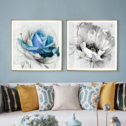 Golden plain blue Watercolor Beautiful Plant Floral Blooming Flower Rose Modern Art Picture Canvas for porch home Hotel Decor