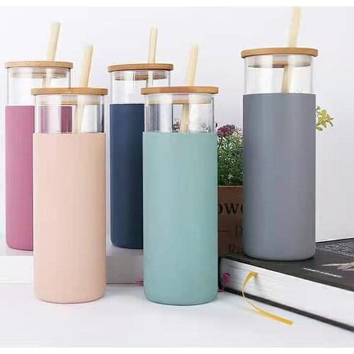 2021 Silicone Glass Straw Water Cup Creative Bamboo Cover Bamboo Straw Reusable Washable Drinking Bottle New Clear Container