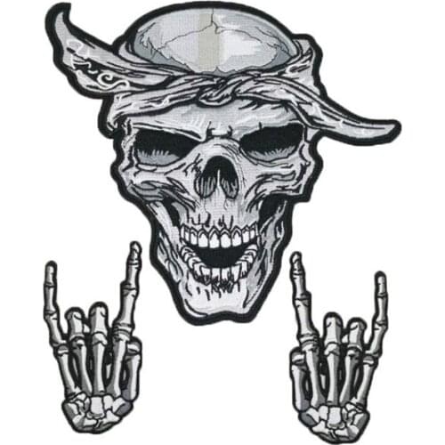 Large skull head biker patches embroidery for iron on Clothing punk finger arge patch stick transfers applique jacket accessorie