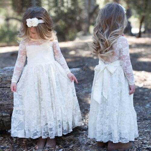 Childrens Clothing Lace Rose Embroidered Princess Dress Girls Long-Sleeved Cute Bow-knot Belt Dress