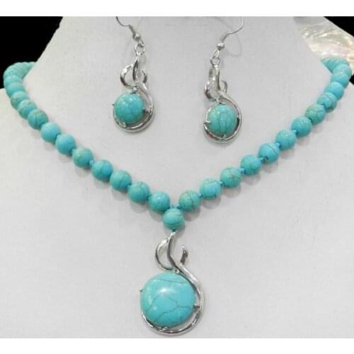 Elegant Blue Turquoise Gem stone Pendant Necklace Earring Jewelry Sets AA