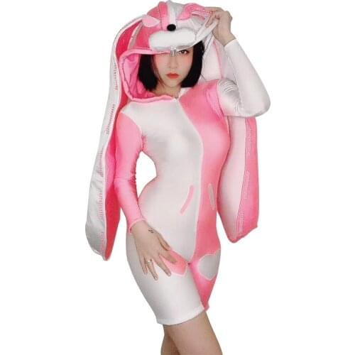 Halloween Party Cute Rabbit Big Ears Hooded Jumpsuit Women Elastic Tights Bunny Cosplay Playsuit Dance Bodysuit Stage Costumes