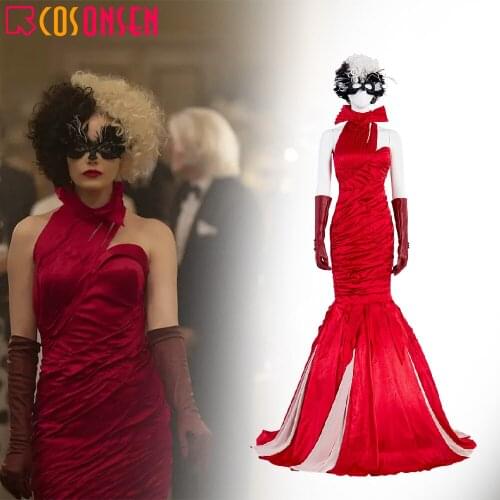 COSPLAYONSEN Cruella Cosplay Costume Red Wedding Evening Gown Halloween Outfit Full Set