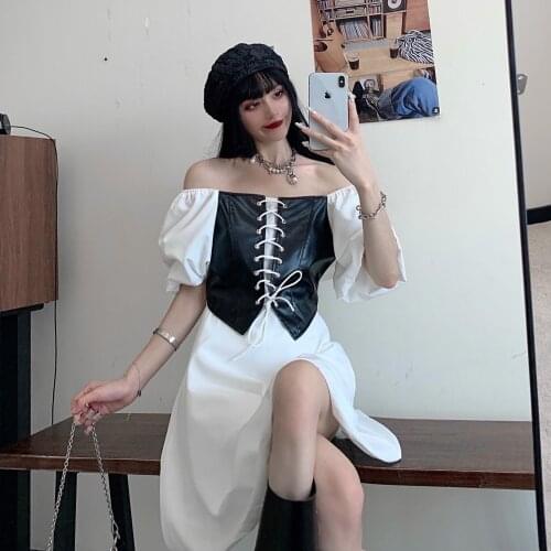 Summer Women PU White Puff Sleeve Empire Lace-up Dresses Contrast Color Lady Square Collar Elegant Mini Dress Fake Two Pieces