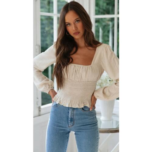 Fashion Summer Beach Women Slim Long Sleeve T-Shirt Formal Tops pleated Waist Hem Ruffles Square Collar Tops