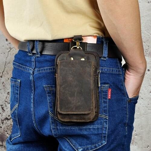 Men Small Waist Bag Cowhide Fashion Hook Bum Bag Waist Belt Pack Cigarette Case XX9D