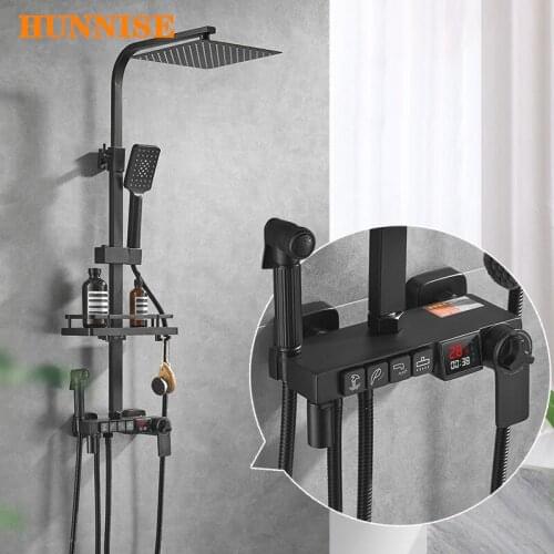 Bathroom Shower Set HUNNISE Brass Bath Shower Faucet Luxury Matte Black Digital Shower System Thermostatic Bath Shower Mixer Set