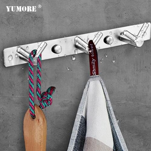 YUMORE Home 3-8 Hooks Sundries Storage Holder For Wall Stainless Steel Clothes Tableware Bag Wall Mounted Hanger Coat Rack