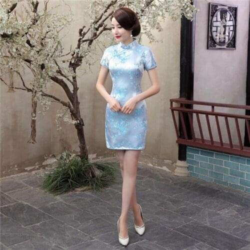 Plus Size 3XL 4XL 5XL 6XL Mini Cheongsam Navy Blue Vintage Chinese Style Womens Qipao Dress Short Vestido S M L XL XXL