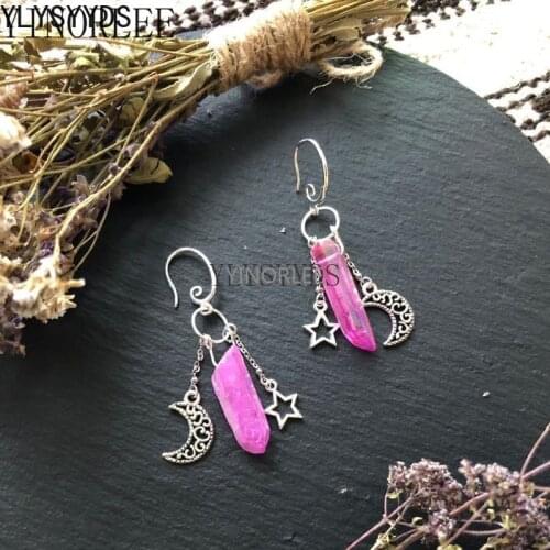 Raw Crystal Witch Earrings with Moon and Stars Witchy Dangle Jewelry Celestial with Healing Quartz Halloween Jewelry Women Gift