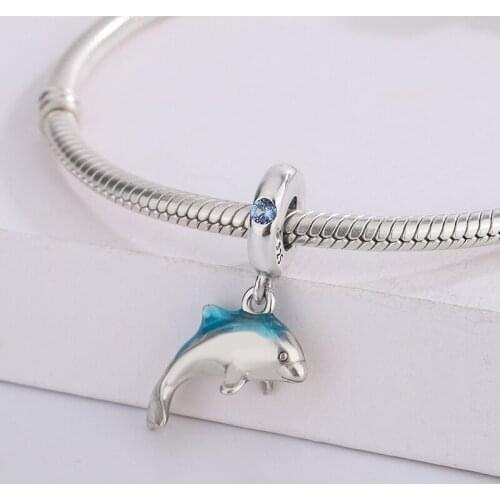 925 Sterling Silver Cartoon Cute Animal Shimmering Dolphin Dangle Pendant Charms Bracelet Jewelry Making For Original Pandora