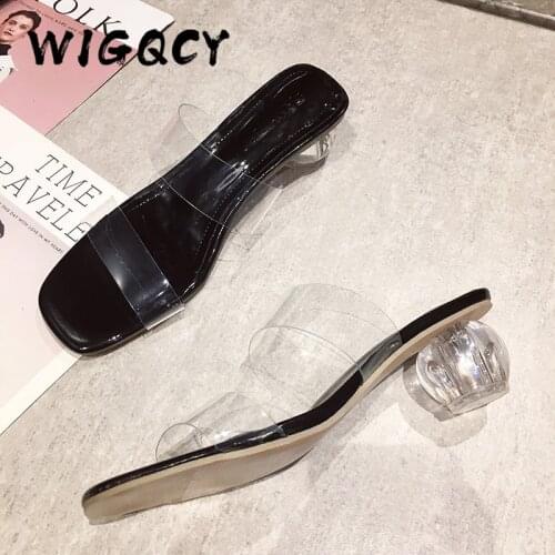 Clear Round Heels Slippers Women Square Open Toe Summer Shoes Woman Transparent High Pumps Wedding Jelly Buty Damskie High Heels