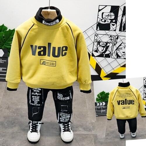2-7 Y Baby Boys Fashion Suits Autumn Winter Child Thicken Warm Suits Fashion Letter Turtleneck Hoodies Velvet Pants 2pcs For Boy