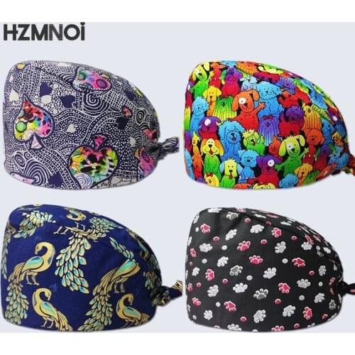 2021 Cartoon Printed Cotton Breathable Female Medical Nurse Cap Pet Hospital Surgeon Cap Dentist Cap Beauty Salon Chef Scrub Cap