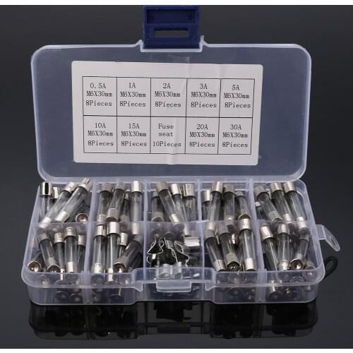 72pcs 6x30mm Glass Tube Fuse Fast Quick Blow Glass Tube Fuses Assorted Kit with Fuse Holder