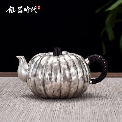 Ag999 Sterling Silver Teapot Hand-Forged Pumpkin Kitchen Utensils Built-in Filter Handmade Coffee Tea Pot
